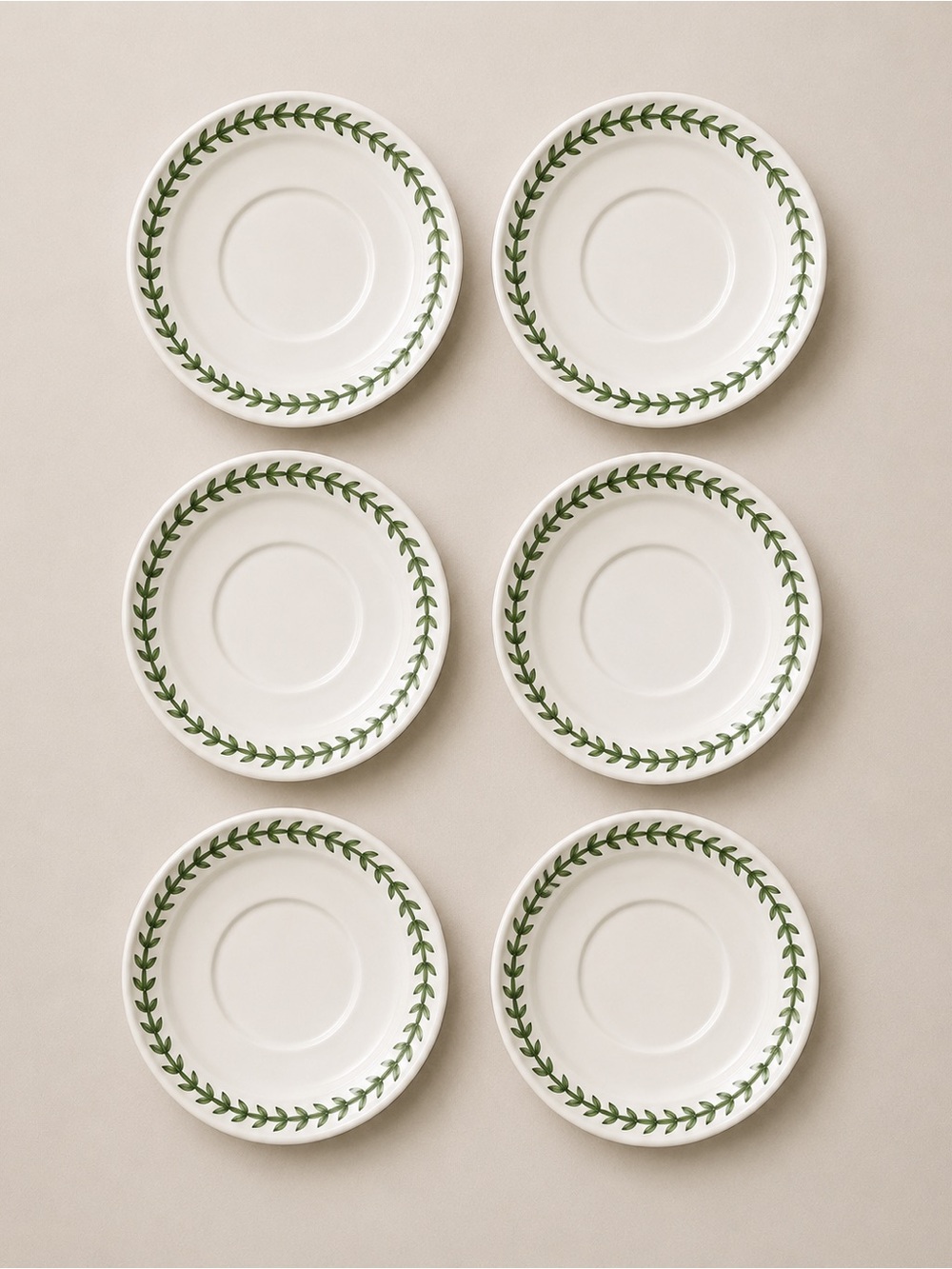 Portmeirion Botanic Garden 6” Drum Cup Saucers Set of 6 Green Laurel England